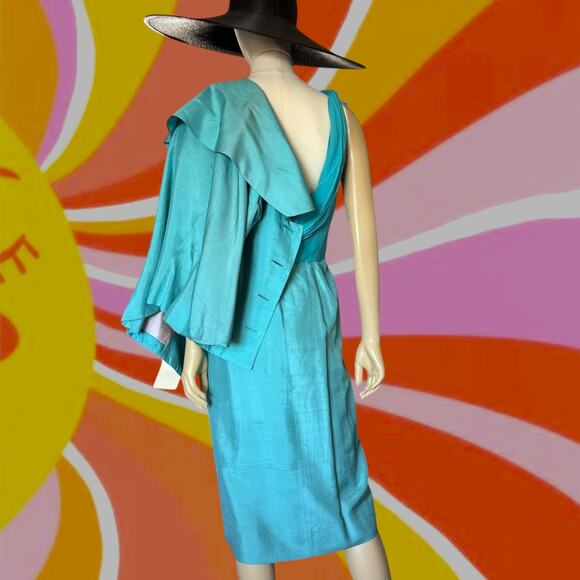 Vintage 1950s Silk Shantung Dress and Jacket Set Blue Green Georgette Trilère - Picture 1 of 16